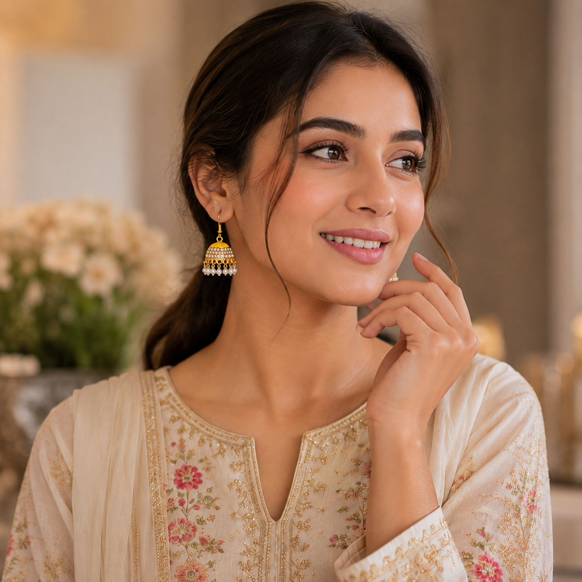 Gulnaar Meena Jhumka Stonework & Pearl Drop Jhumka