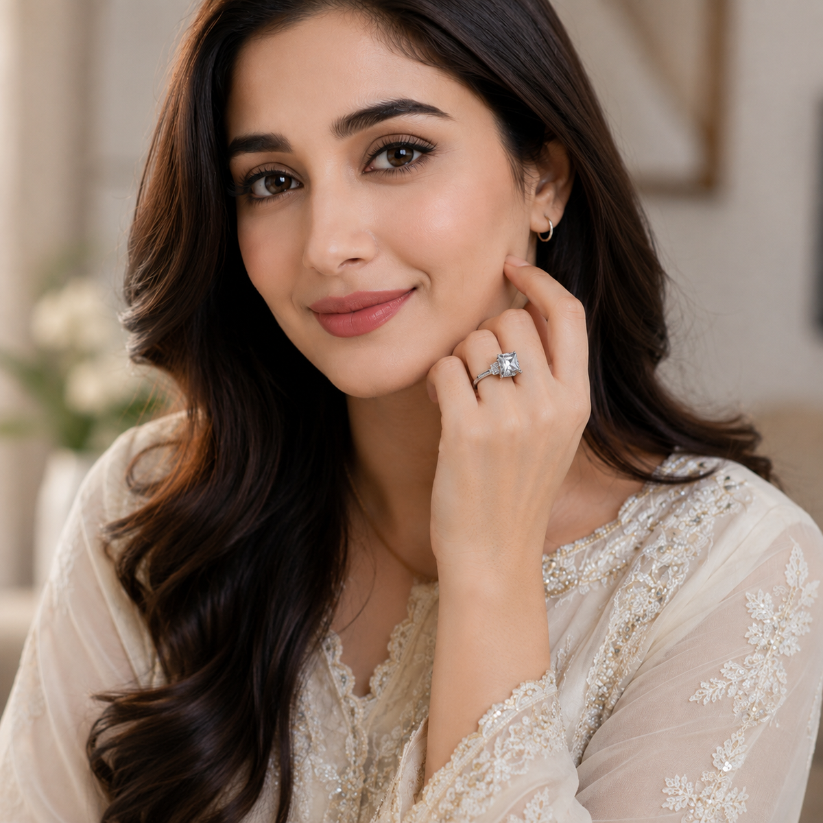 Celestia Square Zircon Ring - lifestyle model wearing ring
