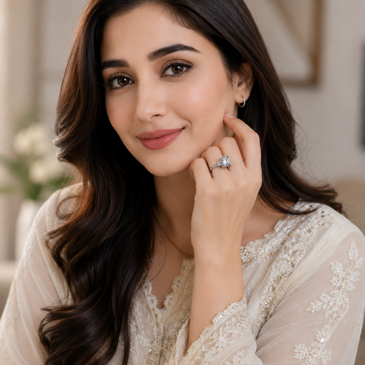 Celestia Square Zircon Ring - lifestyle model wearing ring