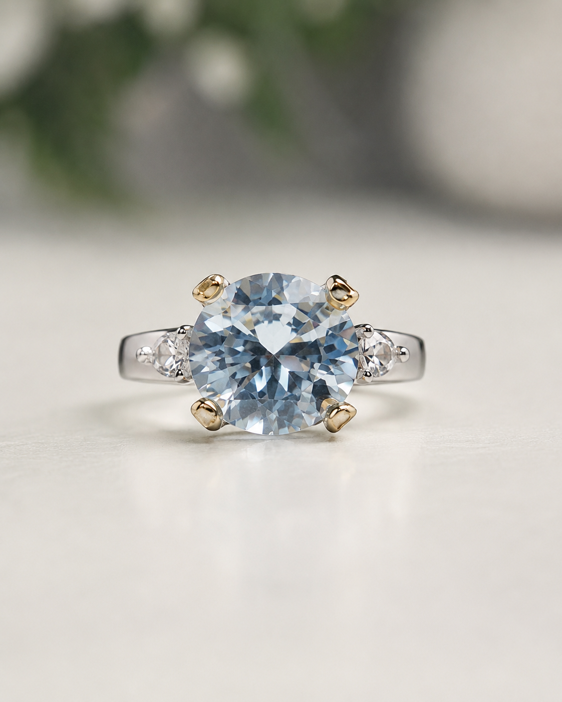 Celestia Élan Zircon Ring - round blue zircon center with gold-tone prongs